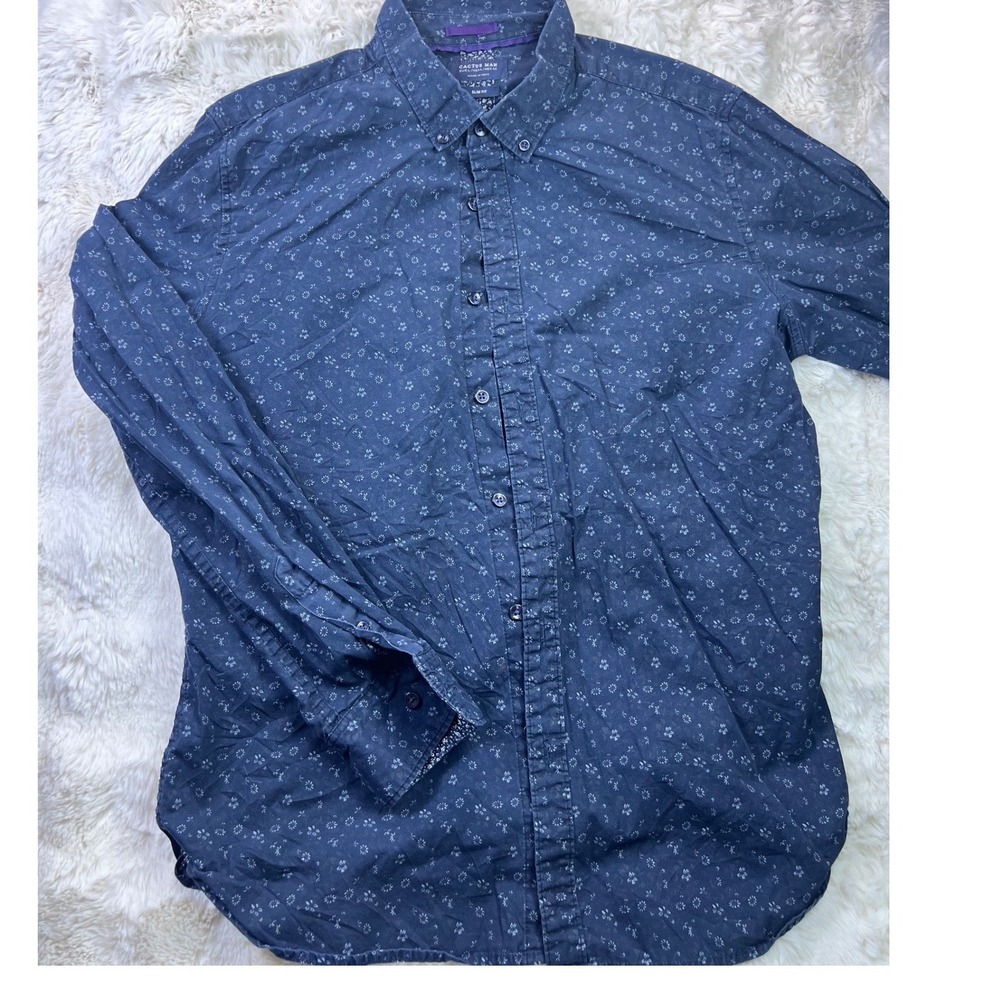 Cactus Man Mens Sz L Slim Fit Navy Blue Floral Long Sleeve Button Down Shirt A36